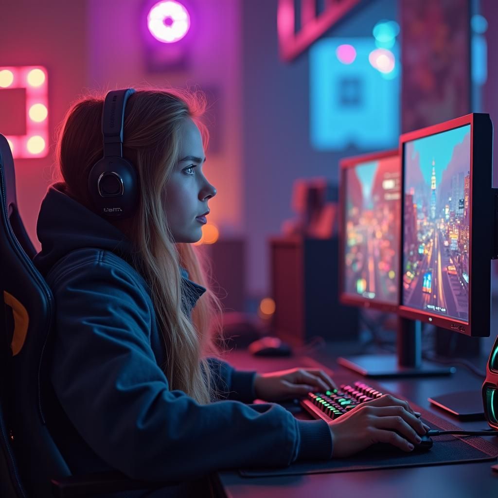 Gamer with neon setup